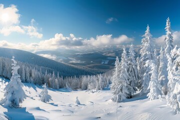 Fototapeta premium Panoramic landscape of a snowy forest in the mountains on a sunny winter day whis. Ukrainian Carpathians, near Mount Petros, there is one tourist.