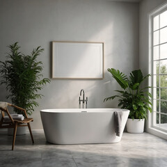 Modern Minimalist Bathroom Bathtub With A Large  Frame On The Wall, Interior Design Wall Art Mockups