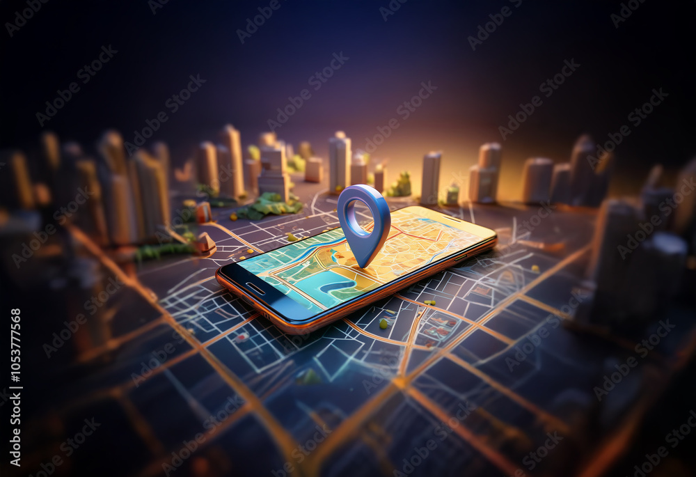 Poster A metallic pin sits atop a smartphone screen, displaying a map of a city with buildings in the background.