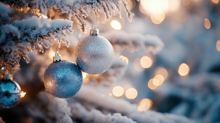 Silver and blue baubles hanging on a snowy tree, surrounded by twinkling icicle lights adding a soft holiday glow.