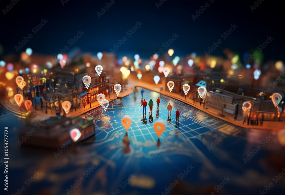 Poster a miniature city map with glowing pinpoints and tiny figurines representing people.