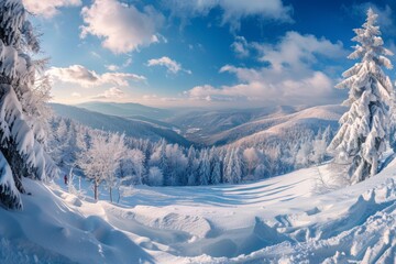Obraz premium Panoramic landscape of a snowy forest in the mountains on a sunny winter day whis. Ukrainian Carpathians, near Mount Petros, there is one tourist.