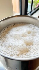 A close-up of a stainless steel sink showcasing thick white foam and glistening water around the drain during a quiet moment of daily life