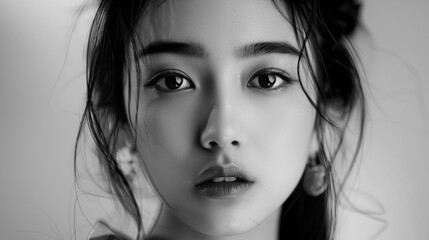 Fototapeta premium black and white portrait of asian woman looking at camera