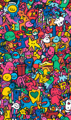 Seamless Pattern Whimsical Christmas and New Year Doodles  Featuring Festive Icons, Cozy Winter Scenes, and Seasonal Decorations in Vibrant Colors