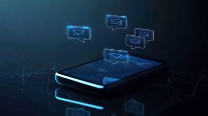 A smartphone displaying floating message notifications in a dark, digital environment.