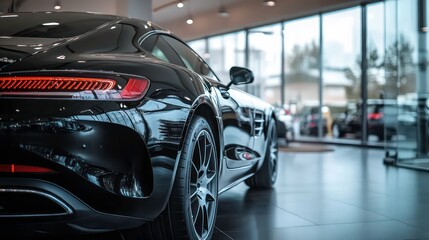 Obraz premium A sleek black sports car showcased in a modern showroom with large windows.