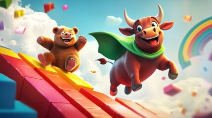 Fototapeta premium Joyful adventure with playful bear and superhero cow leaping over vibrant rainbow blocks in a whimsical, colorful world.