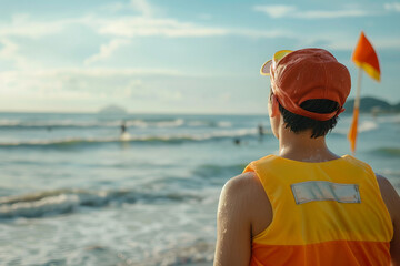 Coastguard standing on a crowded beach with umbrellas and swimmers, watching over the safety of beachgoers, Generative AI