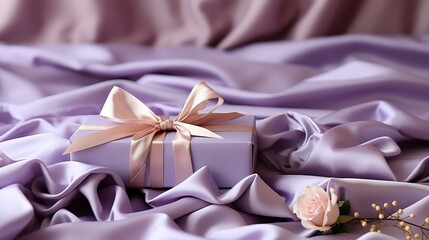 A single pink rose and a beautifully wrapped gift lie on soft, luxurious lavender silk fabric.