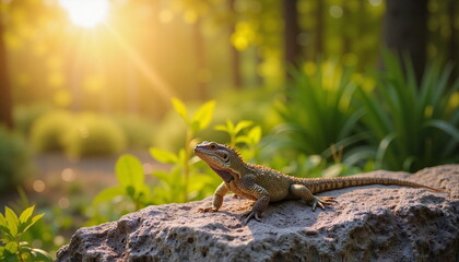 Obraz premium Small lizard basking in the sun on a large rock, warm and natural scene