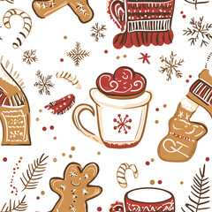Seamless Pattern Whimsical Christmas and New Year Doodles  Featuring Festive Icons, Cozy Winter Scenes, and Seasonal Decorations in Vibrant Colors