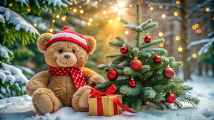 Christmas card - happy teddy bear with gift in winter forest