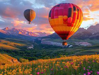 Fototapeta premium a hot air balloon floating over a picturesque village nestled in the mountains.