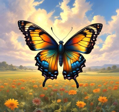 Illustration of batterfly flying on field with sunrise behind.