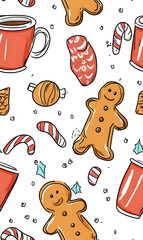 Seamless Pattern Whimsical Christmas and New Year Doodles  Featuring Festive Icons, Cozy Winter Scenes, and Seasonal Decorations in Vibrant Colors