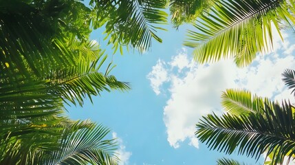 Fototapeta premium Lush Palm Garden with Vibrant Blue Sky and Fluffy Clouds