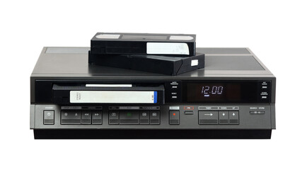 Old vintage VCR from the 1980s with video cassette. Retro VCR.
