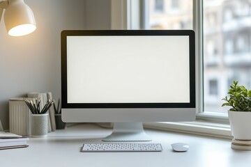 Fototapeta premium Modern Farmhouse Office Computer Screen Mockup: White & Light Grey Minimalist Workspace