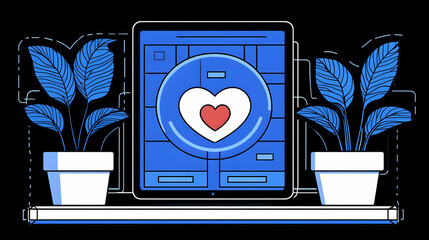 Digital Illustration of a Tablet with a Heart Icon Displayed on the Screen, Flanked by Two Potted Plants on a Shelf Against a Black Background