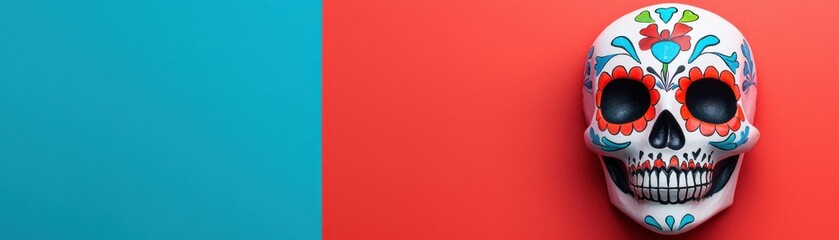 Naklejka premium A vibrant, decorated skull rests against a colorful background, highlighting artistic detail and cultural symbolism.