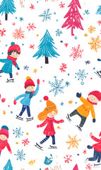 Seamless Pattern Whimsical Christmas and New Year Doodles  Featuring Festive Icons, Cozy Winter Scenes, and Seasonal Decorations in Vibrant Colors