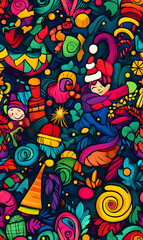 Obraz premium Seamless Pattern Whimsical Christmas and New Year Doodles Featuring Festive Icons, Cozy Winter Scenes, and Seasonal Decorations in Vibrant Colors