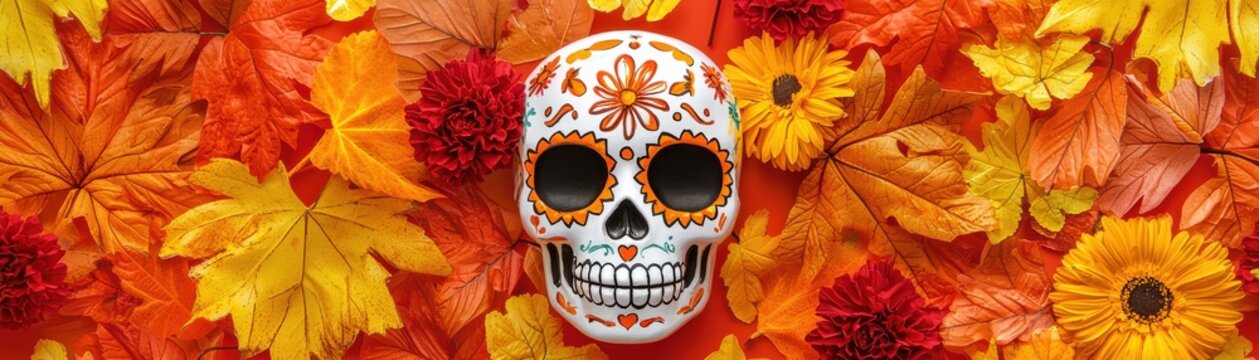 A colorful sugar skull surrounded by vibrant autumn leaves and flowers, celebrating life and the Day of the Dead tradition.