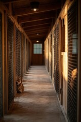 A Dog in a Row of Wire Cages in a Wooden Building