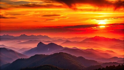 Red orange sunset casting a warm glow over the mountains with heat distortion effect