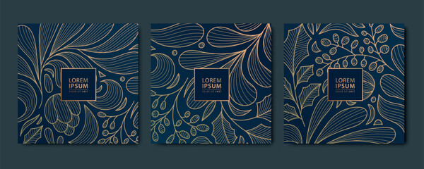 Vector set of holiday, christmas, new year cards, party ornament design. Line gold branches, leaves elegant winter borders, vintage frames