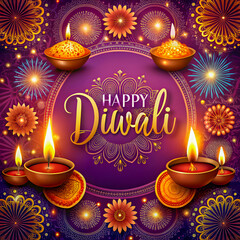 Naklejka premium Vibrant Happy Diwali Festival Backgrounds with Diyas, Rangoli Patterns, Deepavali & Fireworks 
