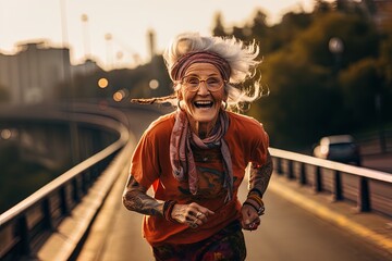 Portrait of mature aged sporty smiling woman running through a park. Tattoos and gray hair. Active aging concept. 