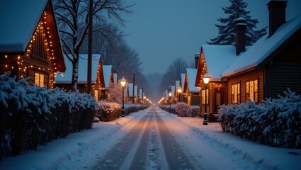 Snow-covered street with illuminated houses during twilight, serene winter scene, holiday atmosphere. Generative, AI,