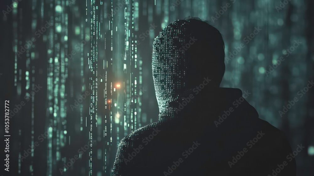 Aufkleber a figure stands amidst a digital matrix, symbolizing technology and data.
