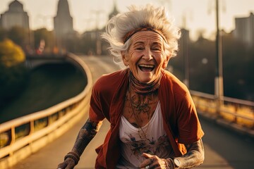Portrait of old aged sporty smiling woman running through a bridge in a city. Tattoos and gray hair. Active aging concept. 