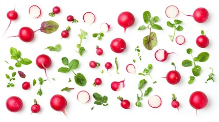 Radishes arranged in various layouts, isolated on bright white