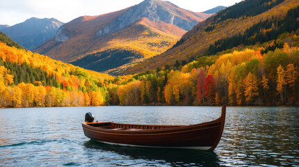 Obraz premium Scenic wooden boat floating on clear lake surrounded by vibrant autumn foliage and majestic mountains, evoking tranquility and nature's beauty.