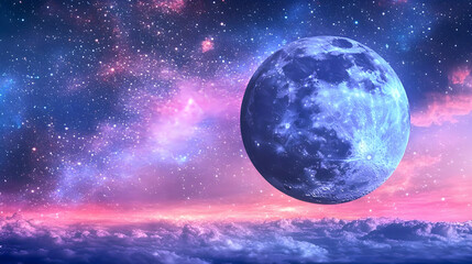 Naklejka premium A Large Blue Moon Glows Brightly in a Starry Sky Above a Sea of Clouds, with Vibrant Pink and Purple Hues