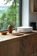 Wooden Countertop with White Sink, Nuts, and a Window View