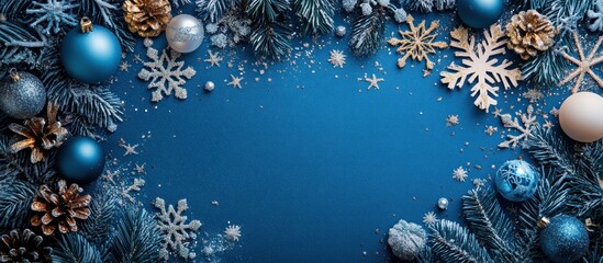 Festive blue background with snowflakes, pine branches, and ornaments.