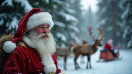 Santa Claus in red suit, snowy forest background, reindeer and sleigh, festive, winter season. Generative, AI,