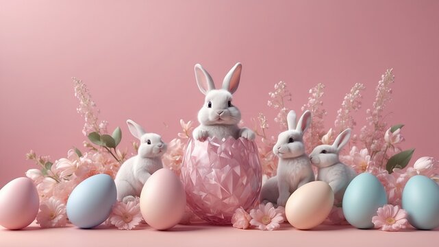 Pastel pink background with white bannies and colorful easter eggs