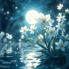 Delicate white flowers with water droplets creating a serene and tranquil atmosphere over a reflective surface beautiful floral atmosphere 