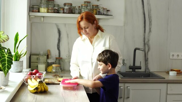 Mother prepares backpack and lunch for son before school
