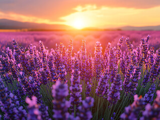 Obraz premium a vibrant field of purple lavender flowers under a beautiful sunset.