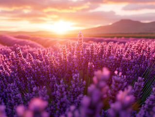 Obraz premium a vibrant field of purple lavender flowers under a beautiful sunset.