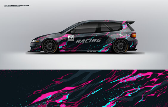Racing Car branding with racing wrap decal or livery design. Abstract racing graphic simple black pink abstract concept with background. Editable vector templates