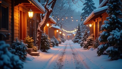 Fototapeta premium Snow-covered street with festive lights, cozy houses, winter evening atmosphere, tranquil holiday scene. Generative, AI,