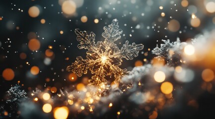 Fototapeta premium Intricate snowflake sparkling on cozy winter night scene